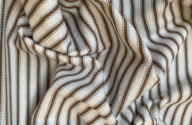 Pale Cream, Brown and Blue Stripe Ticking Fabric