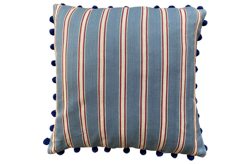 Blue Red Striped Pompom Cushions