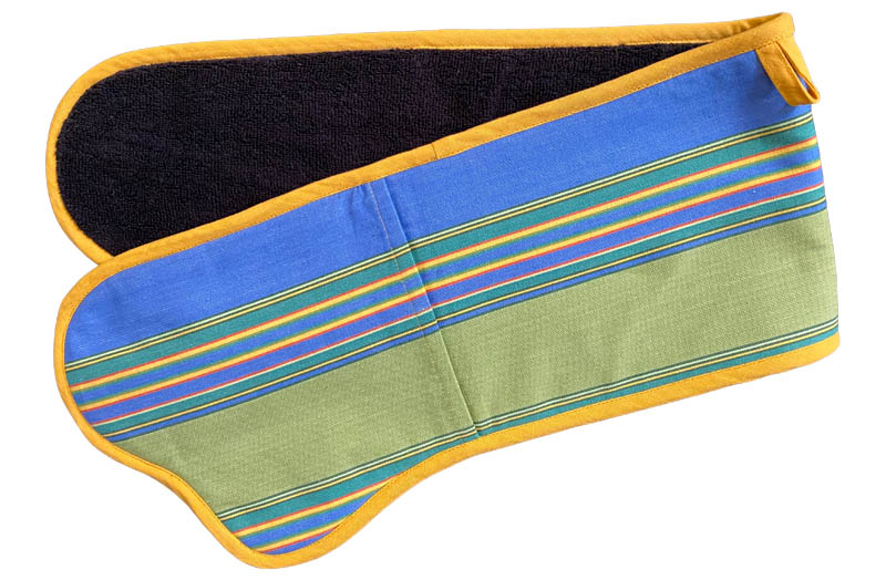Sky Blue, Lime Green, Yellow Striped Oven Gloves | Double Oven Mitts