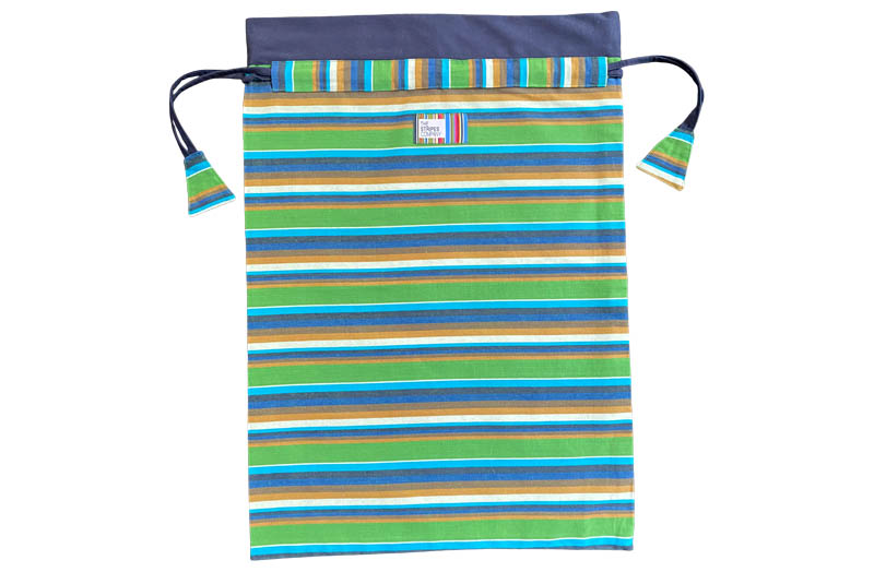 Green, Navy, Ochre Stripe Large Striped Drawstring Bags | Laundry Bags | Kit Bags