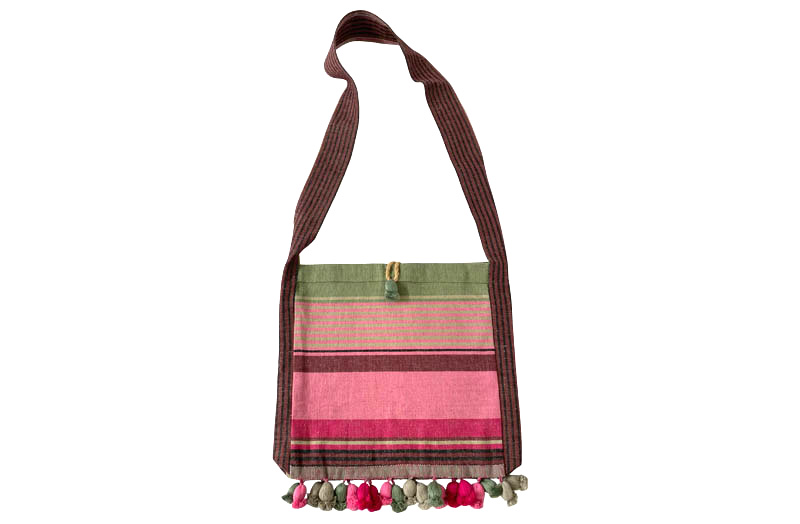 Raspberry Pink, Sage, Taupe Stripe Linen Shoulder Bags with Tassels