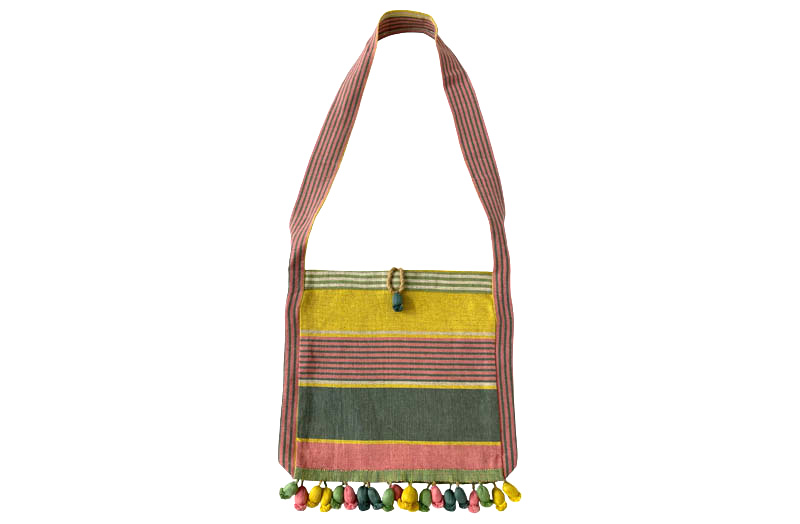 Yellow,  Pink, Sage Green Stripe Linen Shoulder Bag with Tassels