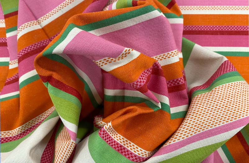 Cream, Pink, Orange, Emerald Green Stripe Fabric | Dobby Weave Stripe Cotton Curtain Upholstery Fabrics