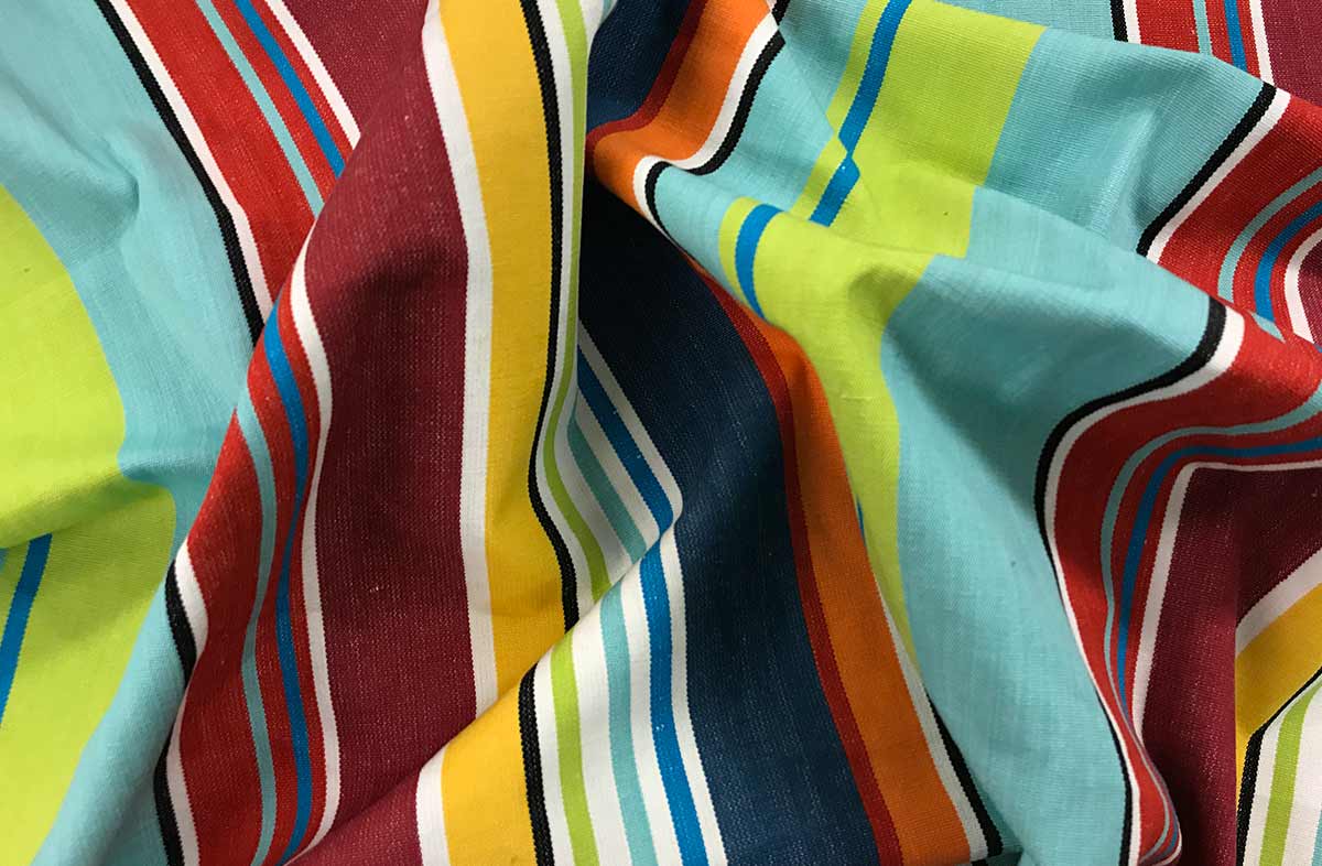 Aquamarine Striped Fabric with lime green, blue, yellow and burgundy stripes