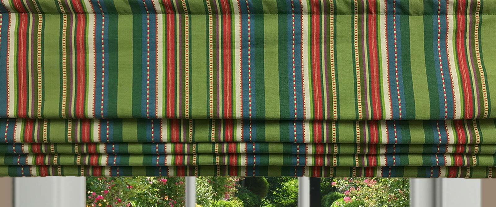 stripe roman blind with bobble trim