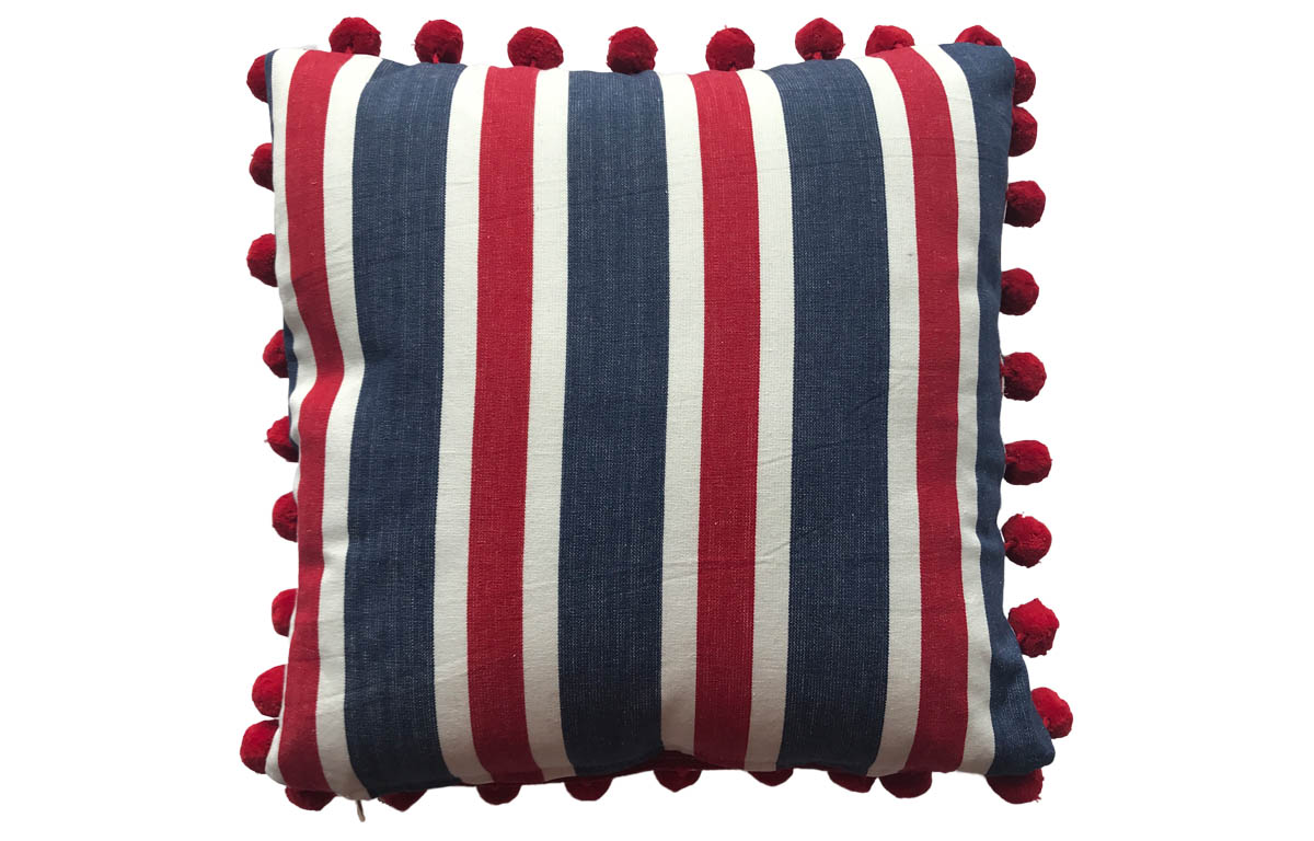 Blue, Red and White Striped Pompom Cushions 40x40cm