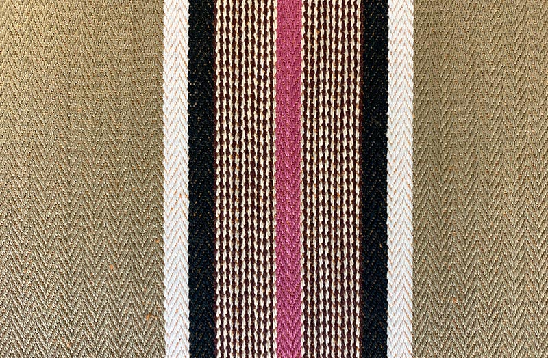 Tan black pink white stripe ticking fabric