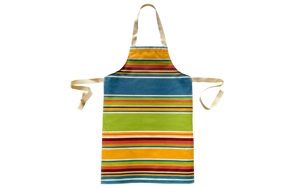 Childrens Striped Oilcloth PVC Aprons in yellow, pale green and sky blue stripes