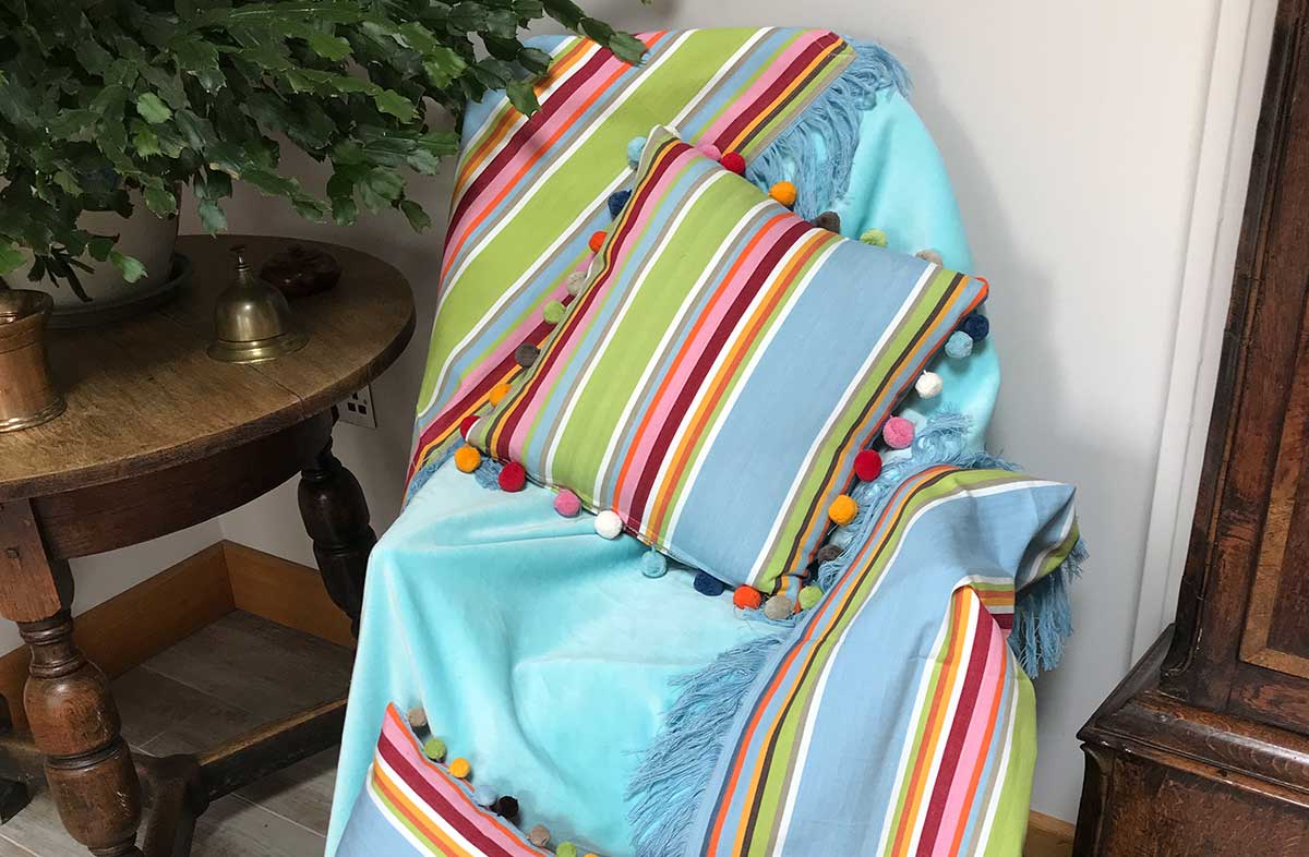 Reversible Aqua Velvet Fringed Cotton Throws with Striped Cotton reverse