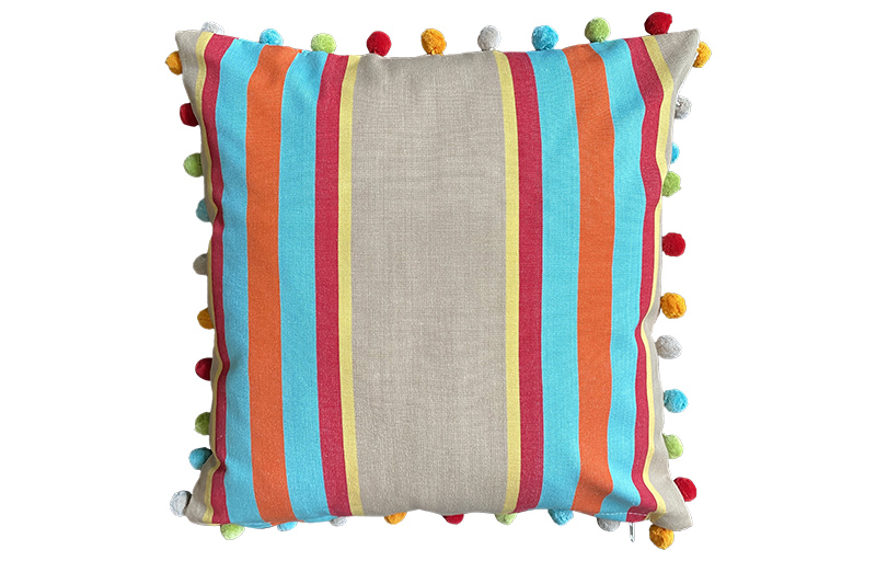 Sandy Beige, Terracotta and Turquoise Striped Pompom Cushions