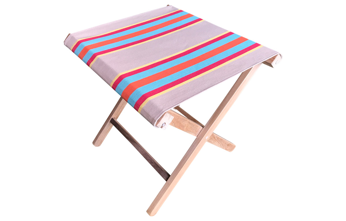 Vintage Look Teak Folding Stool with Fawn, Terracotta, Turquoise Striped Seats  