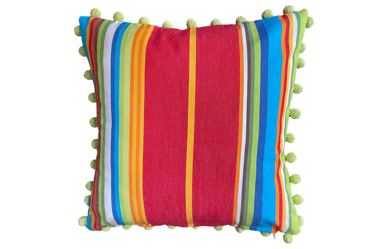 Lime, Turquoise and Red Striped Pompom Cushions 50x50cm