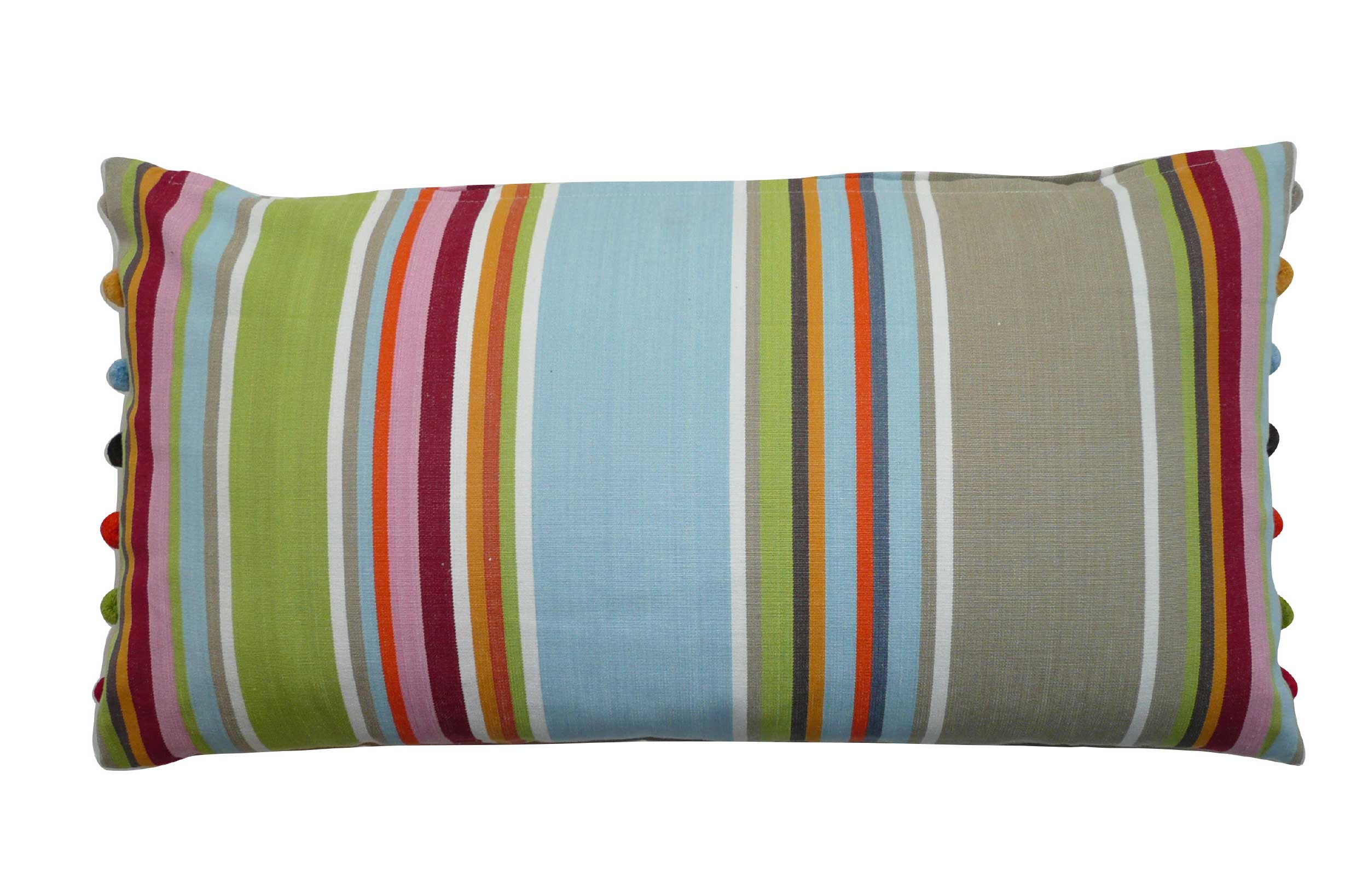 Striped Oblong Cushions with bobble fringe  grey, blue, light green   