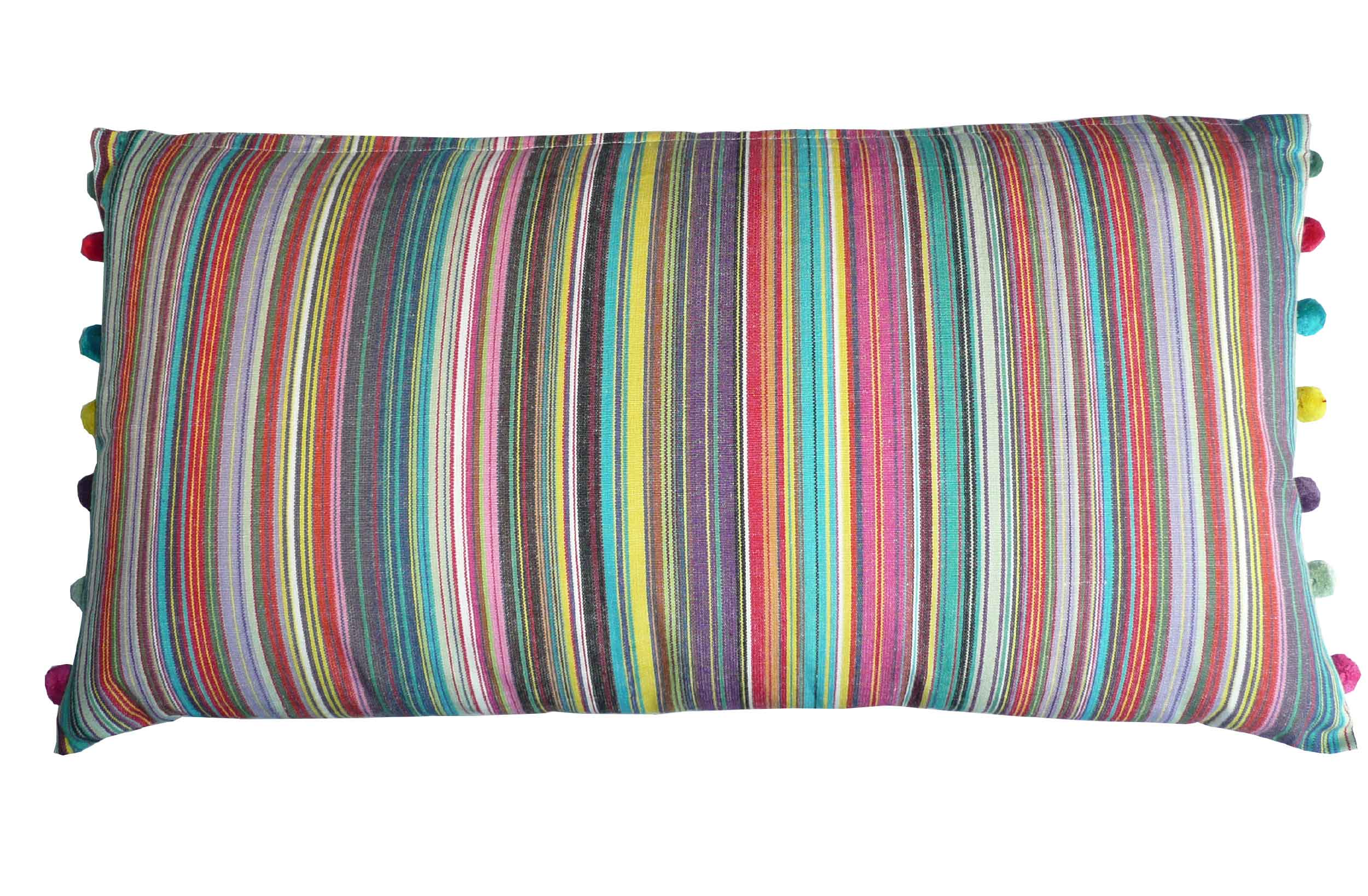 Oblong Cushions thin rainbow multi stripes | Oblong Sofa Cushions | Striped Oblong Cushions with bobble fringe 