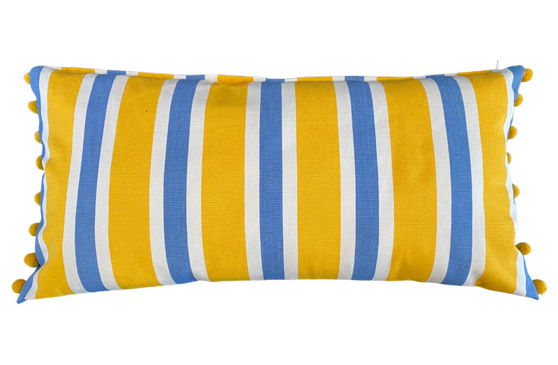 Yellow, Sky Blue and White Striped Oblong Cushions with Bobble Fringe