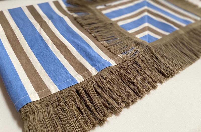 Sky Blue, Beige, White Striped Fringed Cotton Throws