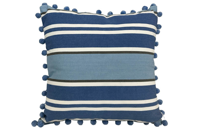 Pale Blue, Royal Blue, Grey Striped Pompom Cushions
