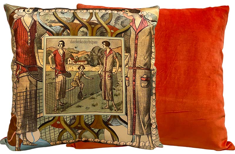 Large Silk and Orange Velvet Cushion with Vintage Ladies Tennis Design