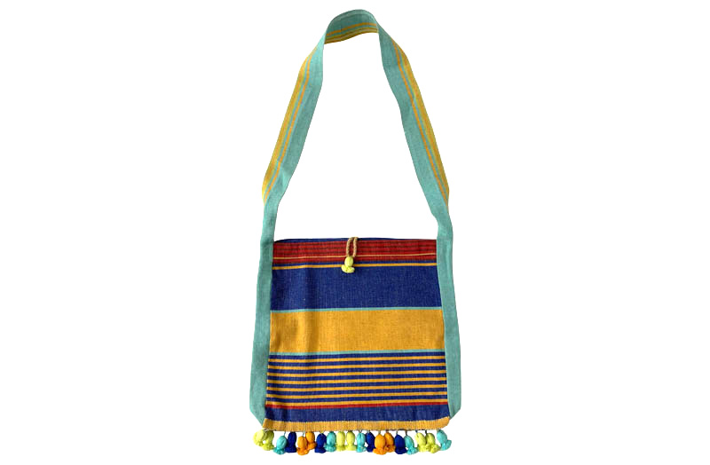 Linen Shoulder Bag with Tassels - Blue, Sand, Turquoise Stripe