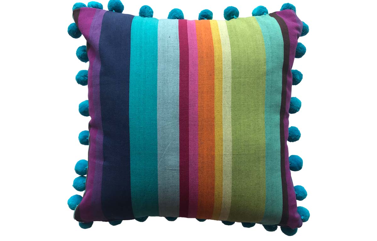 Bright Rainbow Striped Pompom Cushions 50x50cm