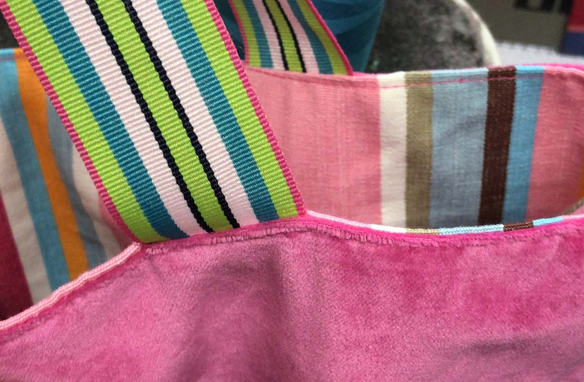 striped reversible pink velvet tote bag