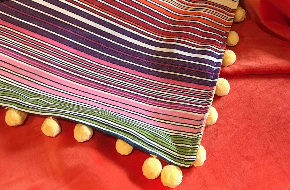 Pom Pom Throw with Rainbow Stripe Cotton, Orange Velvet, Lemon Yellow Pom Poms