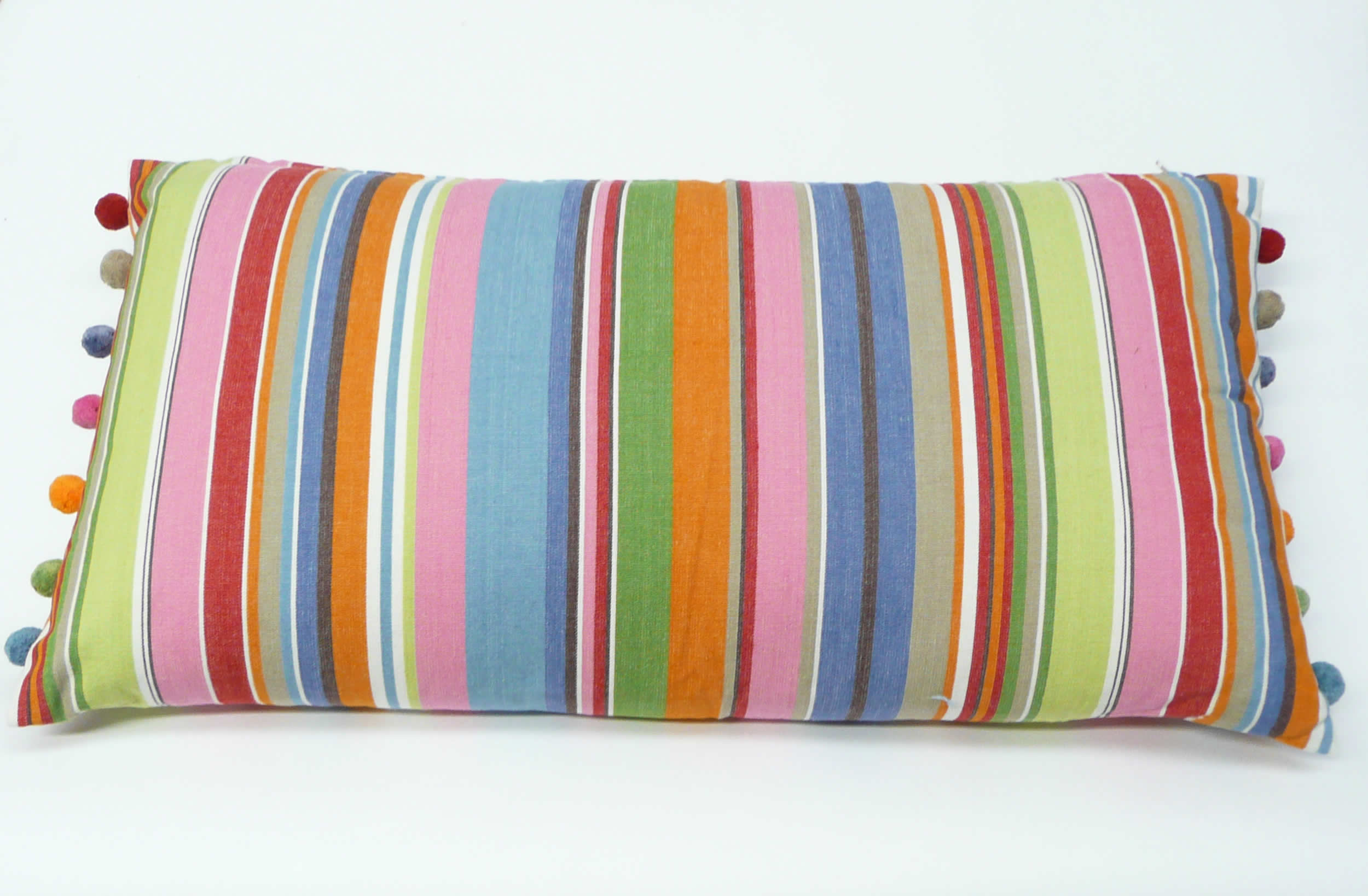Blue and Pink Stripe Oblong Cushion with Pompom Trim