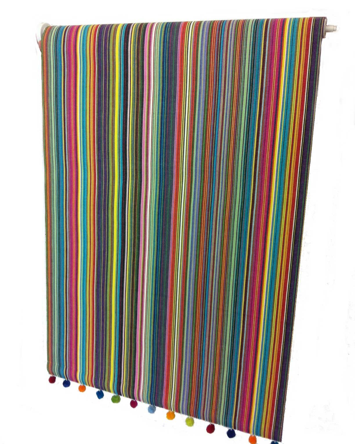 striped roller blind with bobble fringe