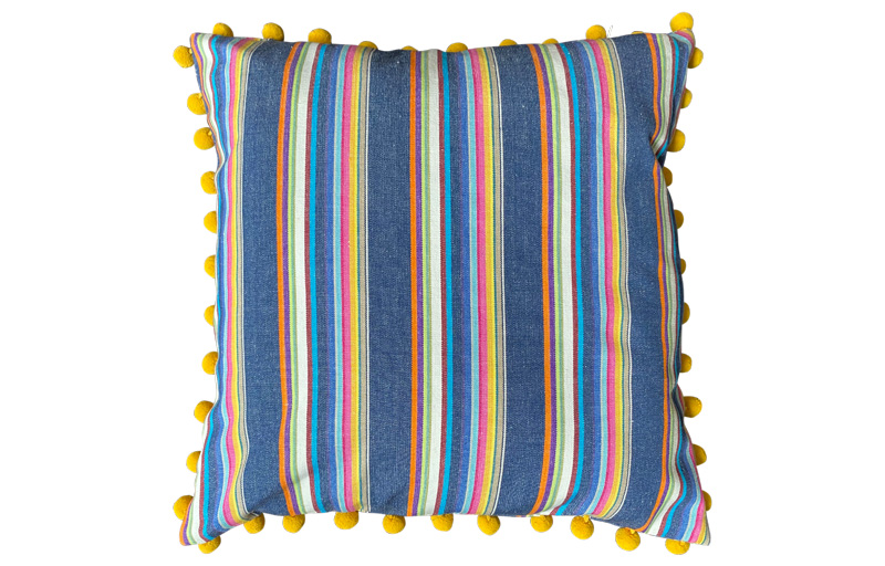 Navy Blue with Rainbow Coloured Stripe Pompom Cushion 40x40cm