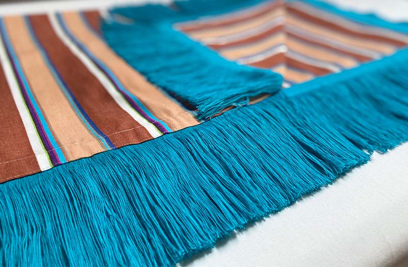 Chestnut Brown Stripe Cotton Throw with Turquoise Fringe
