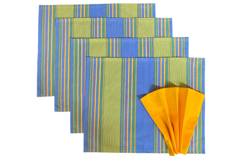 Sky Blue, Lime Green, Yellow Striped Place Mats - Colourful Table Mats set of 4