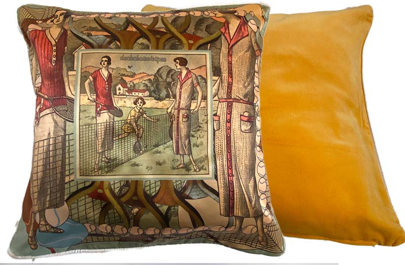 40x40cm Silk and Yellow Velvet Cushion with Vintage Ladies Tennis Design