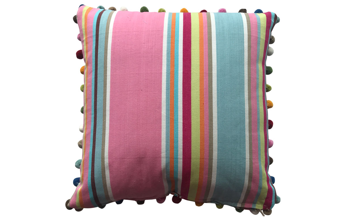 Pink, Taupe and Blue Striped Pompom Cushions 40x40cm