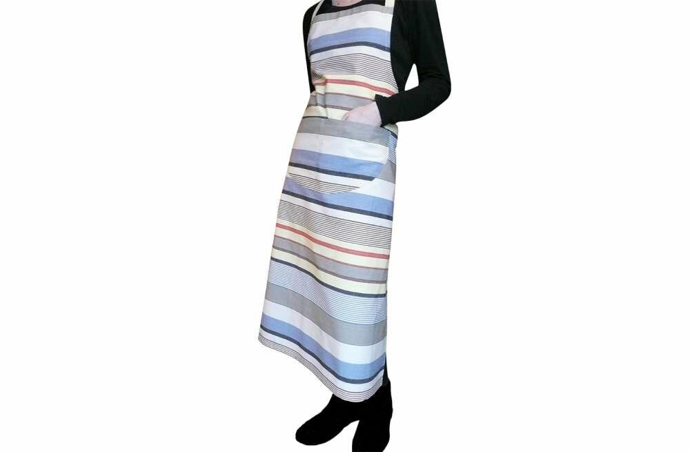 Stylish Aprons  in denim blue, oyster beige, light grey stripes