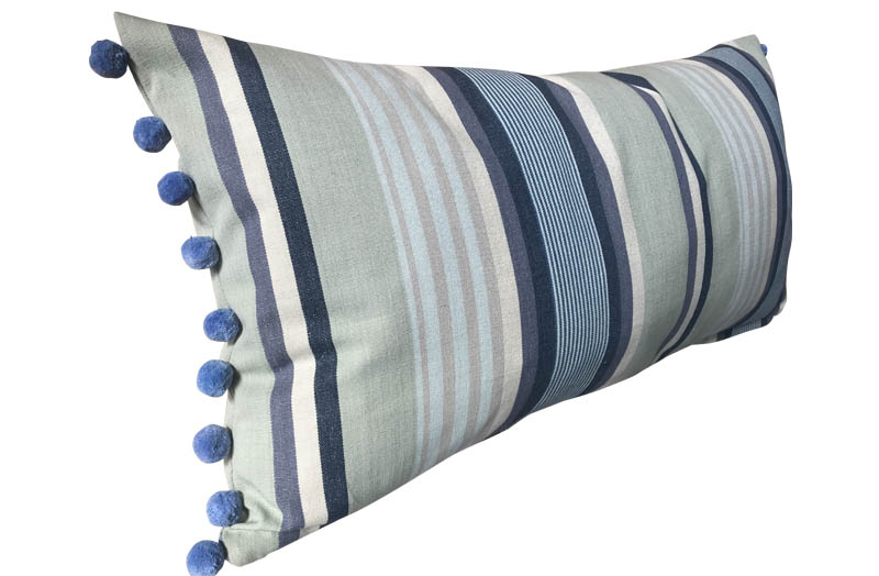 Pale Green, Denim, Cream Striped Oblong Cushions with Bobble Fringe 