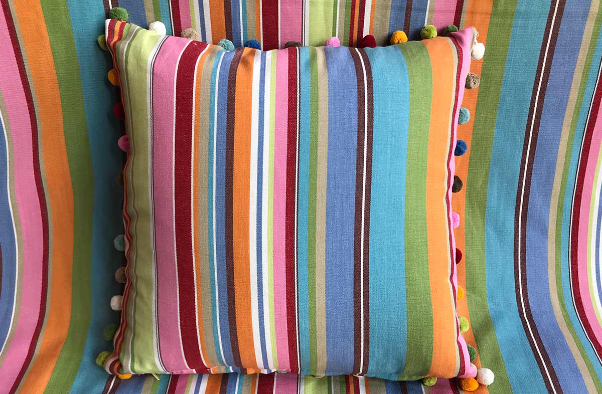 Blue and Pink Striped PomPom Cushion 40x40cm