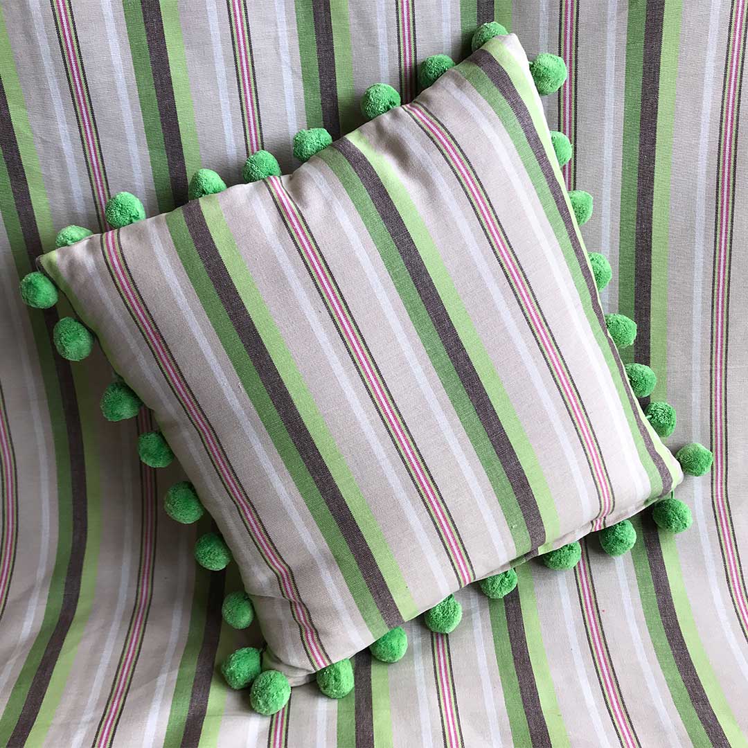 Green Striped PomPom Cushion 40x40cm