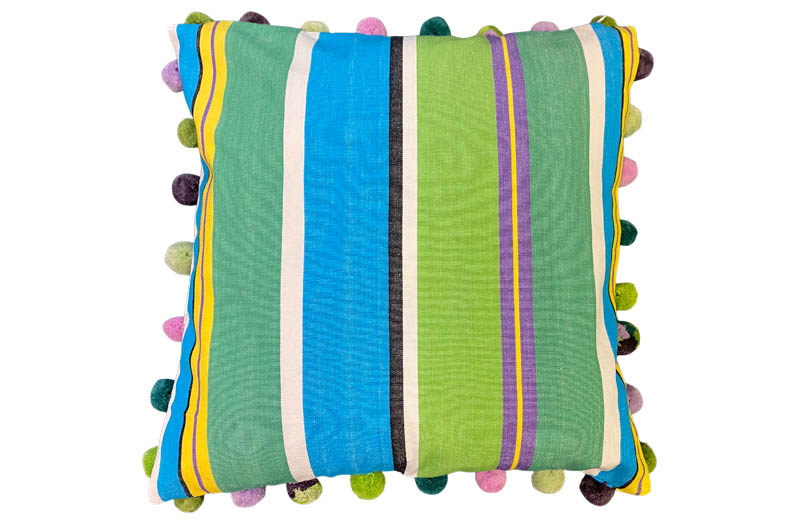 Green, Turquoise, White Stripe Pompom Cushions