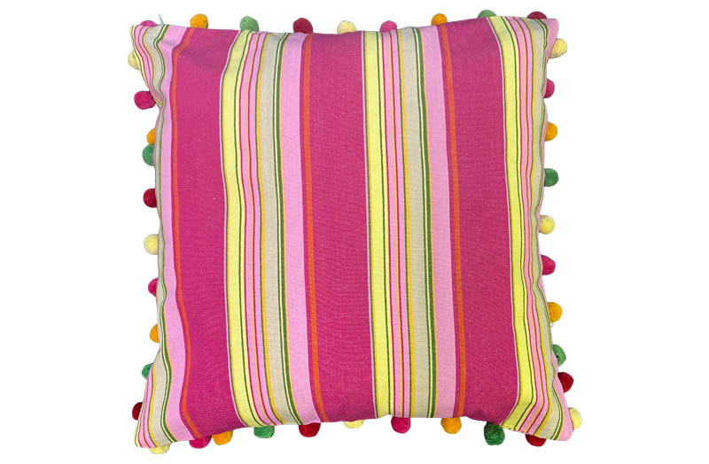 Bright Pink, Lemon Yellow Stripe Pompom Cushions