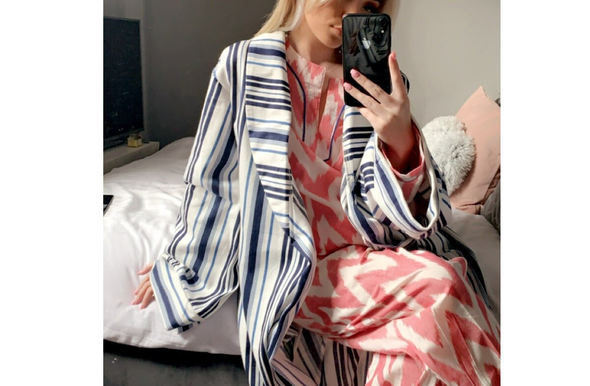 White, Airforce Blue and Navy Striped Robe / Ladies Dressing Gown