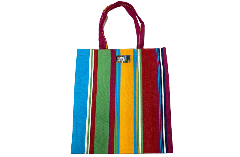 Tote Bags in red, green, yellow, turquoise and dark pink stripes