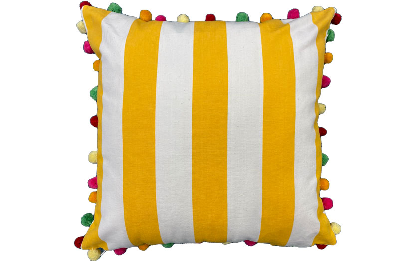 Yellow and White Stripe Pompom Cushions